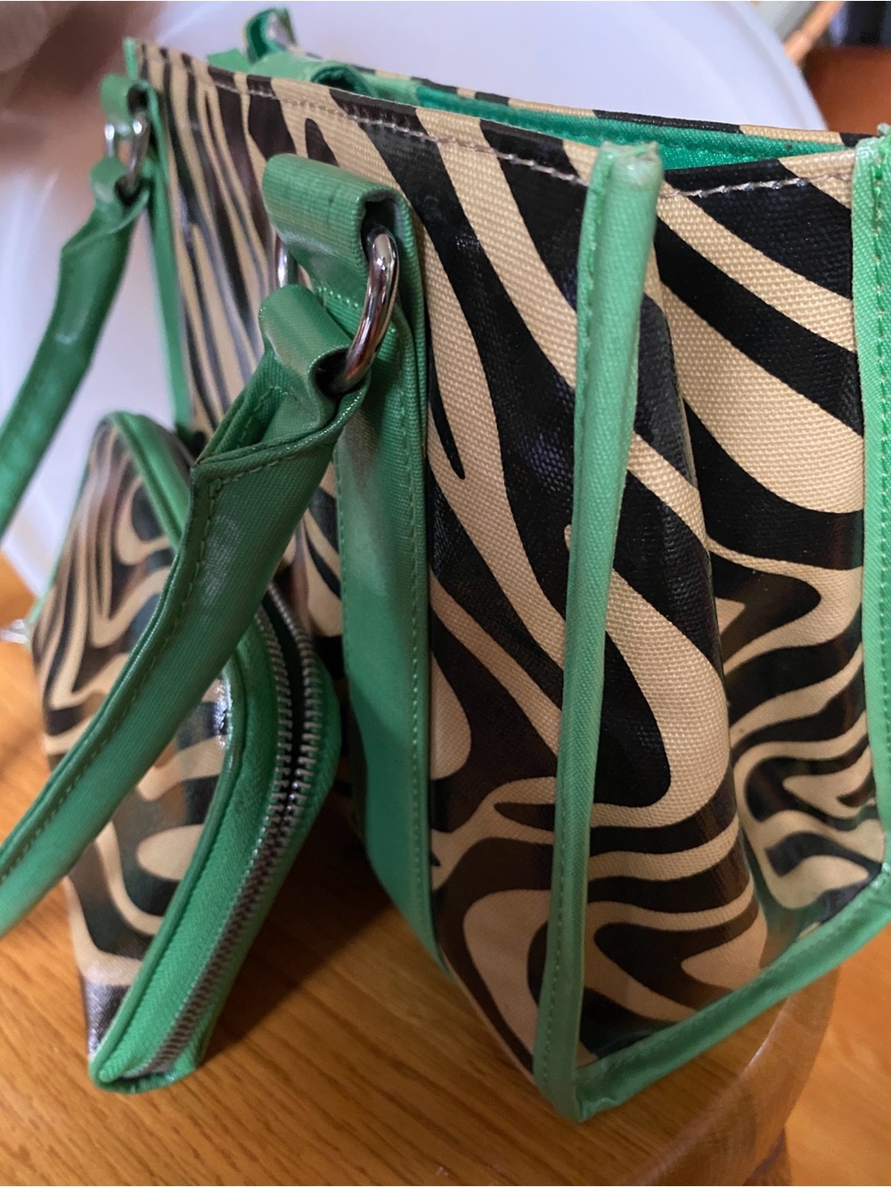 Y2K M. Julian Faux Leather Green Trim Zebra Print Tote Bag with Wallet Set